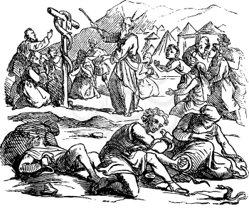 Vintage antique illustration and line drawing or engraving of biblical Israelites spoking against Moses, God send poisonous snakes as punishment.From Biblische Geschichte des alten und neuen Testaments, Germany 1859.Numbers 21.