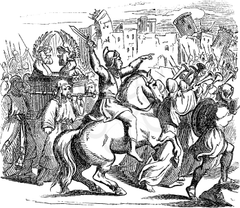 Vintage antique illustration and line drawing or engraving of biblical Israelites attacking city of Jericho. Walls falling when blowing trumpets.From Biblische Geschichte des alten und neuen Testaments, Germany 1859.Joshua 6.