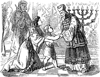 Vintage antique illustration and line drawing or engraving of biblical story about Elkanah and his wife Hannah who are presenting son Samuel to priest Eli.From Biblische Geschichte des alten und neuen Testaments, Germany 1859.Samuel 1.