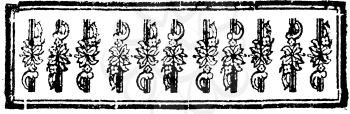 Antique vector drawing or engraving of vintage floral decorative design of flowers in frame in black and white.From Der neugepflansste kleine Baum-Garten, 1772.