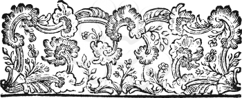 Antique vector drawing or engraving of classic vintage floral decorative design of flower leaves in frame in black and white.From Romische Historie, printed in Breslau 1762.