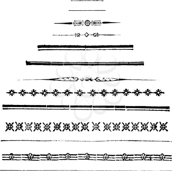 Antique vector drawing or engraving of classic vintage decorative designs, horizontal dividing lines. From books Krizowe Tazeni Deti printed in Austrian Empire 1845 and Romische Historie printed in Kingdom of Prussia 1762.