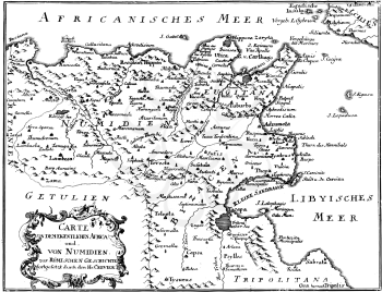Antique vector drawing or engraving of vintage decorative map or Northern Africa from Roman Empire times. From book Romishe Historie, part 14, printed in Breslau, Kingdom of Prussia, 1762.