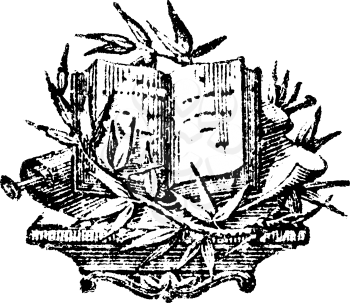 Antique vector drawing or engraving of grunge vintage decorative design of book and scrolls with floral ornament around.From Der neugepflansste kleine Baum-Garten, 1772.