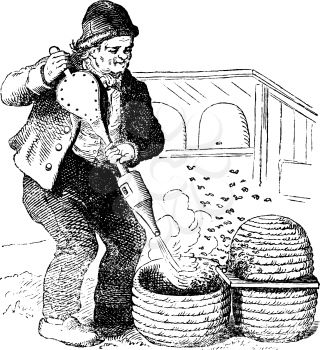 Antique vector drawing or engraving of grunge vintage illustration of beekeeper working with old style hive and smoker.From book Illustrierter Neuester Bienenfreund, printed in Leipzig, Germany 1852.