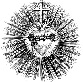 Antique vector drawing or engraving of classic grunge vintage decorative illustration of Christian heart with cross, flames and crown of thorns.From book Die Betrubte Und noch ihrem Beliebten Geussende Turteltaube, printed in Prague, Austrian Empire, 1716.