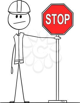 Vector cartoon stick figure drawing conceptual illustration of construction worker with hard hat holding red stop traffic or road sign.