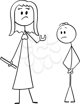 Vector cartoon stick figure drawing conceptual illustration of woman with rule or ruller showing something is too small size gesture, man covering his groin or crotch. Sexual problem concept.