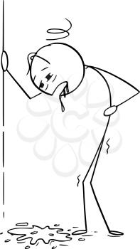 Cartoon stick figure drawing conceptual illustration of drunk or drunken or sick man vomit, throw up or puke.