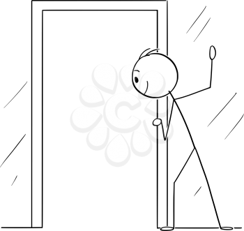 Vector cartoon stick figure drawing conceptual illustration of curious man or voyeur looking hidden through open door.