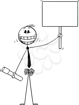 Vector cartoon of crazy smiling man with university education diploma or degree, pockets full of money and holding empty sign.