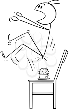 Vector cartoon stick figure drawing conceptual illustration of man who spring up when sit down on the cactus placed on the chair.