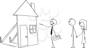 Vector cartoon stick figure drawing conceptual illustration of businessman or real estate broker or agent or realtor offering fake mock-up family house to young couple. Concept of fraud or housing bubble.