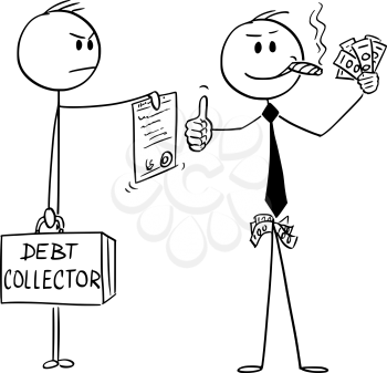 Vector cartoon stick figure drawing conceptual illustration of confident successful man or businessman smoking cigar, with money in hand showing thumbs-up while debt collector is ordering him to pay debts or foreclosing his property.