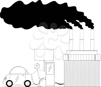 Cartoon stick drawing conceptual illustration of man charging electric car by power from coal power plant and holding empty sign for your text.