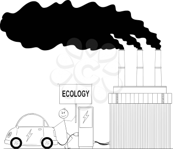 Cartoon stick drawing conceptual illustration of man charging electric car by power from coal power plant and holding ecology sign for your text.