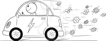 Cartoon stick drawing conceptual illustration of happy man driving electric car, while blooming flowers are coming out of the vehicle as metaphor of environmental conservation.