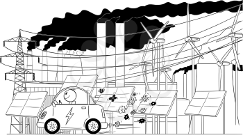 Cartoon stick drawing conceptual illustration of man driving electric car with massive electrical grid infrastructure on background. Blooming flowers are coming out of the car as metaphor of no air pollution produced by this technology.