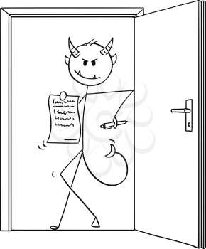 Cartoon stick drawing conceptual illustration of devil or demon businessman coming and standing in door and offering evil contract to sign.