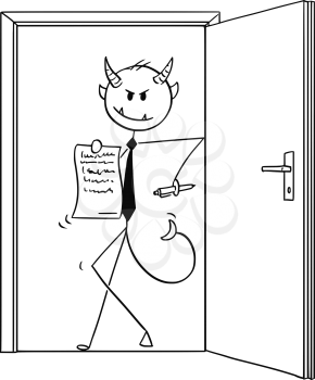 Cartoon stick drawing conceptual illustration of devil or demon businessman coming and standing in door and offering evil contract to sign.