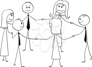 Cartoon stick drawing conceptual illustration of group of six business people or businessmen and businesswomen holding each other hand and standing together in circle.