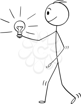 Cartoon stick drawing conceptual illustration of man or businessman walking with shining lighbulb or light bulb in hand.Business concept of inspiration and idea.