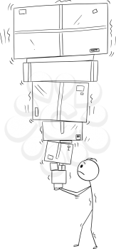 Cartoon stick drawing conceptual illustration of man or businessman carrying and balancing big pile of paper boxes.