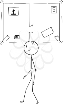 Cartoon stick drawing conceptual illustration of man or businessman carrying and balancing big cardboard paper box on his head.