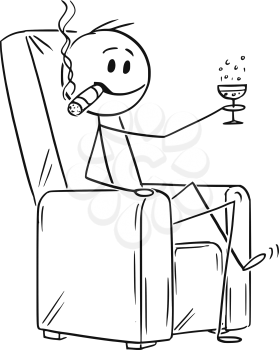 Cartoon stick drawing conceptual illustration of happy successful man or businessman with big cigar sitting in armchair and raising glass of champagne or wine.