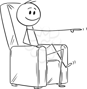 Cartoon stick drawing conceptual illustration of happy man or businessman sitting in armchair and pointing at something.
