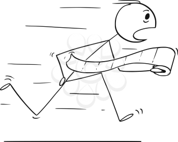 Cartoon stick drawing conceptual illustration of man running in panic to toilet or bathroom or lavatory with toilet paper in hand.