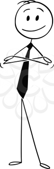 Cartoon stick drawing conceptual illustration of confident smiling man or businessman standing with arms crossed.