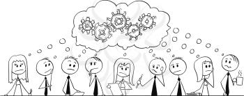 Cartoon stick drawing conceptual illustration of group of nine business people, businessmen and businesswomen thinking about problem during team meeting or brainstorming. Cogwheels above them as metaphor of thinking.