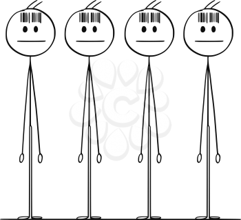 Cartoon stick drawing conceptual illustration of group of identical men or clones with bar code on the forehead.