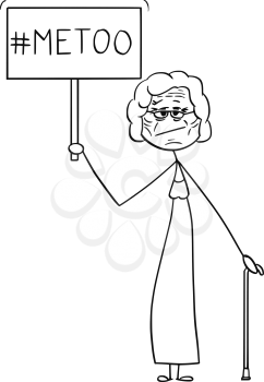 Cartoon stick drawing conceptual illustration of old woman or lady holding Me Too or Metoo movement sign
