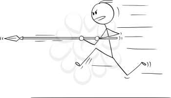 Cartoon stick drawing conceptual illustration of man or businessman running,charging or attacking with spear.