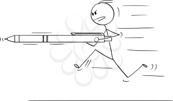Cartoon stick drawing conceptual illustration of man or businessman running,charging or attacking with pen like spear. Words are more powerful than weapons.