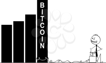 Cartoon stick man drawing conceptual illustration of businessman using detonator and explosives as metaphor of speculation and trying to destroy Bitcoin currency chart or graph.