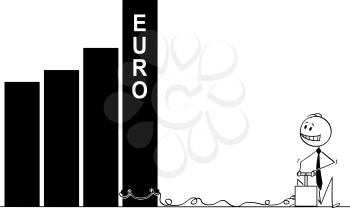 Cartoon stick man drawing conceptual illustration of businessman using detonator and explosives as metaphor of speculation and trying to destroy Euro currency chart or graph.