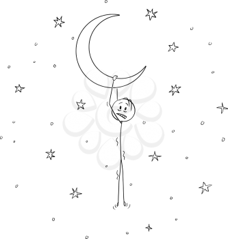 Cartoon stick drawing conceptual illustration of man or dreamer hanging on the crescent or horned moon.