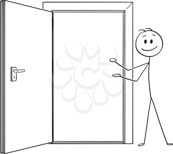 Cartoon stick drawing conceptual illustration of man or businessman inviting to go through open door.