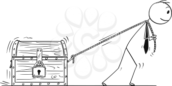 Cartoon stick man drawing conceptual illustration of businessman pulling locked treasure chest on rope.