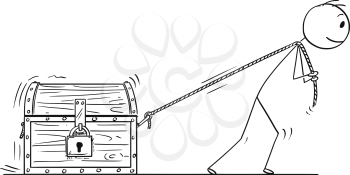 Cartoon stick drawing conceptual illustration of man or businessman pulling locked treasure chest on rope.
