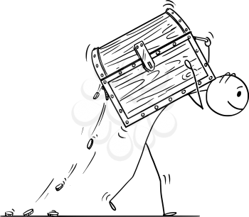 Cartoon stick drawing conceptual illustration of man or businessman carrying treasure chest on his back.