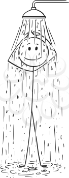 Cartoon stick drawing conceptual illustration of man taking a shower.