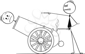 Cartoon stick drawing conceptual illustration of man or businessman get fired by his boss or manager from a job in big cannon.
