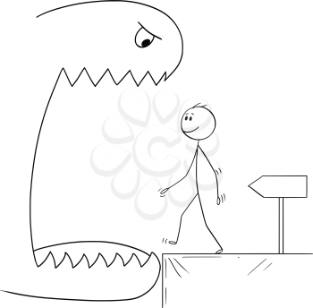 Cartoon stick drawing conceptual illustration of smiling man walking with ignorance and no fear in to open mouth of a big monster, following advice of the arrow.