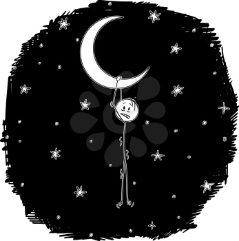 Cartoon stick drawing conceptual illustration of man or dreamer hanging on the crescent or horned moon.