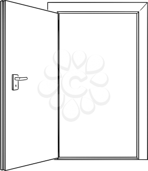 Cartoon drawing conceptual illustration of inviting open door.
