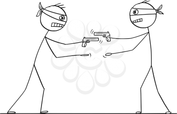 Cartoon stick drawing conceptual illustration of two men with gun trying to rob each in same time.